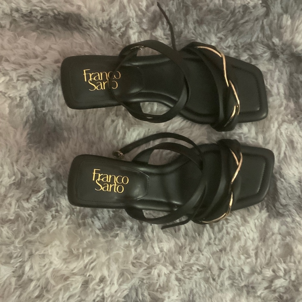 Franco Sarto Black and Gold Strappy Sandals